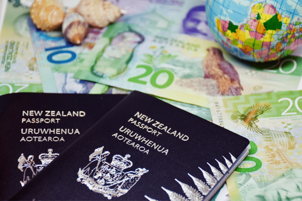 New Zealand passport and currency